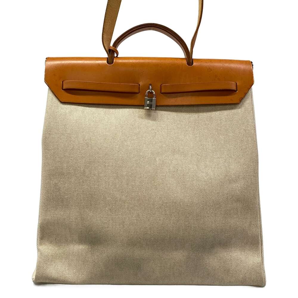 Hermès Her Bag MM Handbag Cream Brown Toile H Leather - Picture 3 of 16